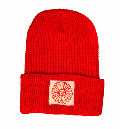 Red Daisy Waffle Knit Beanie