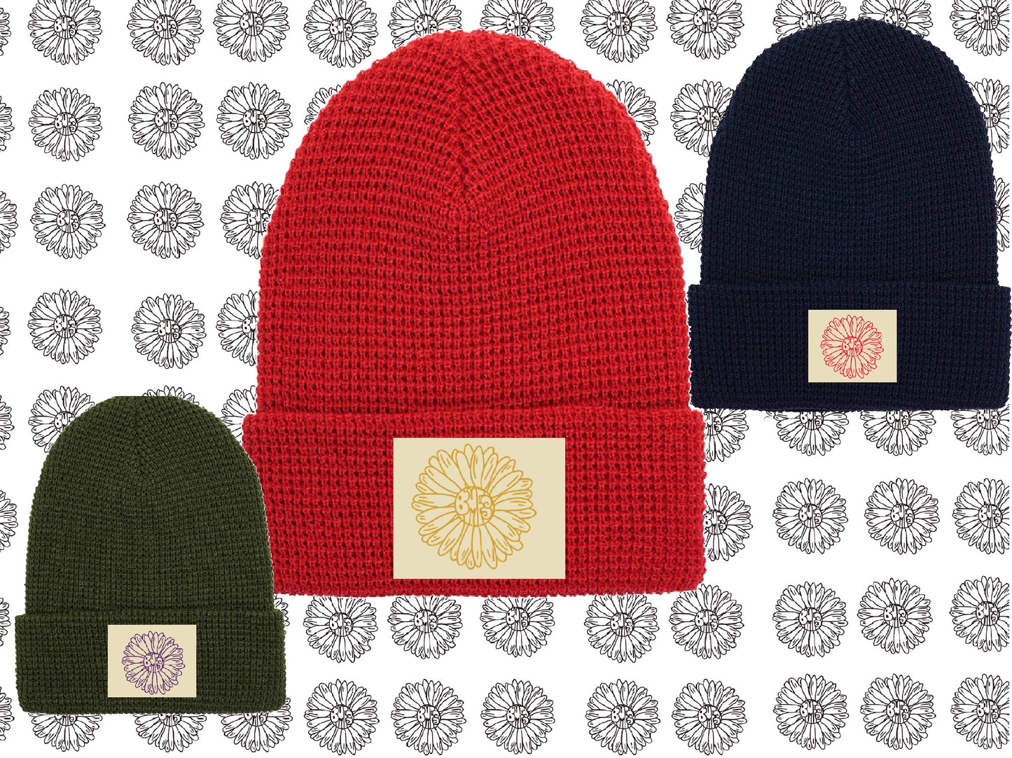 Red Daisy Waffle Knit Beanie