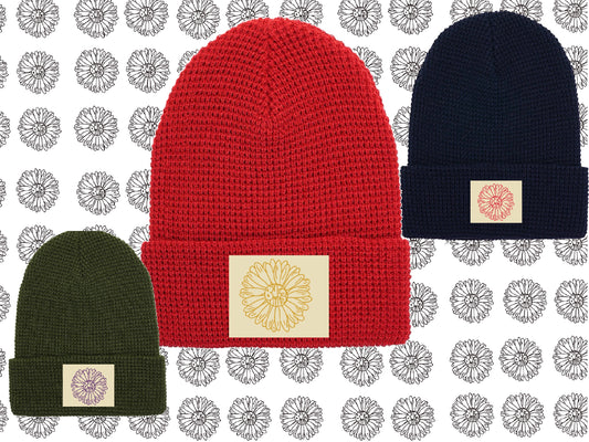 Red Daisy Waffle Knit Beanie